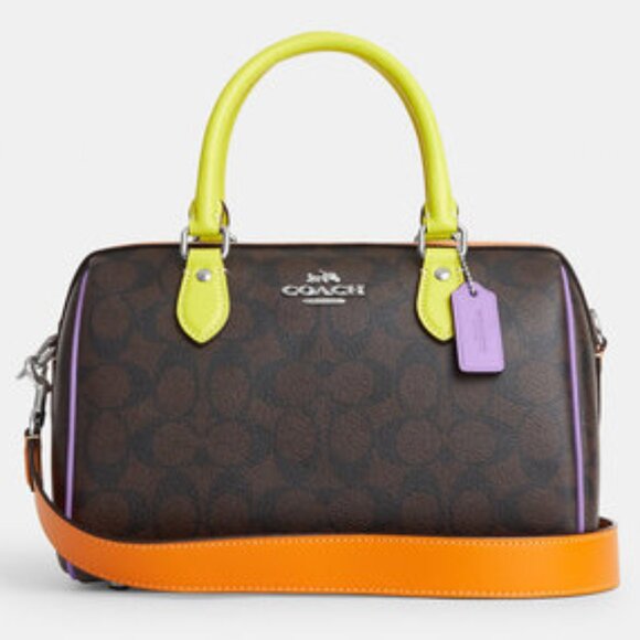 COACH Rowan Satchel In Colorblock Signature Canvas Silver/Brown/Iris Multi - Picture 12 of 16